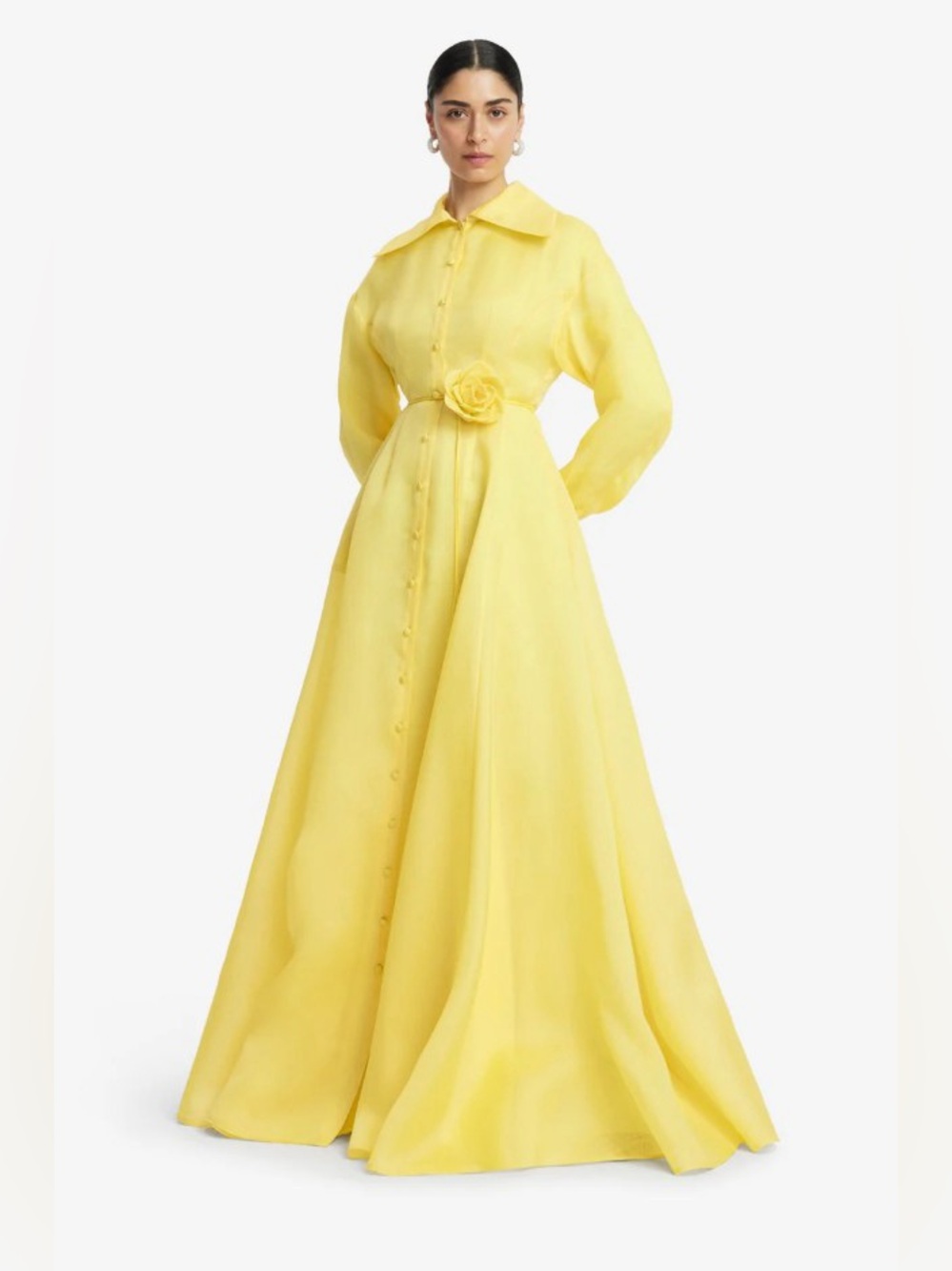 LEO LIN Pink Josephine 100% Silk Yellow Long Sleeve Maxi Shirt Dress NWOT - Picture 5 of 6